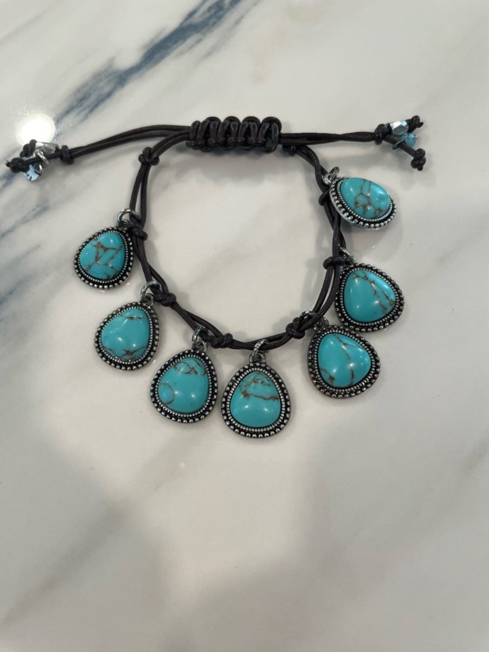 Lucky Brand Turquoise Teardrop Charm Bracelet with Brown Cord